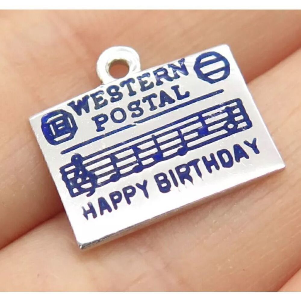 925 Sterling Silver Vintage "Happy Birthday Western Postal" Charm Pendant NEW